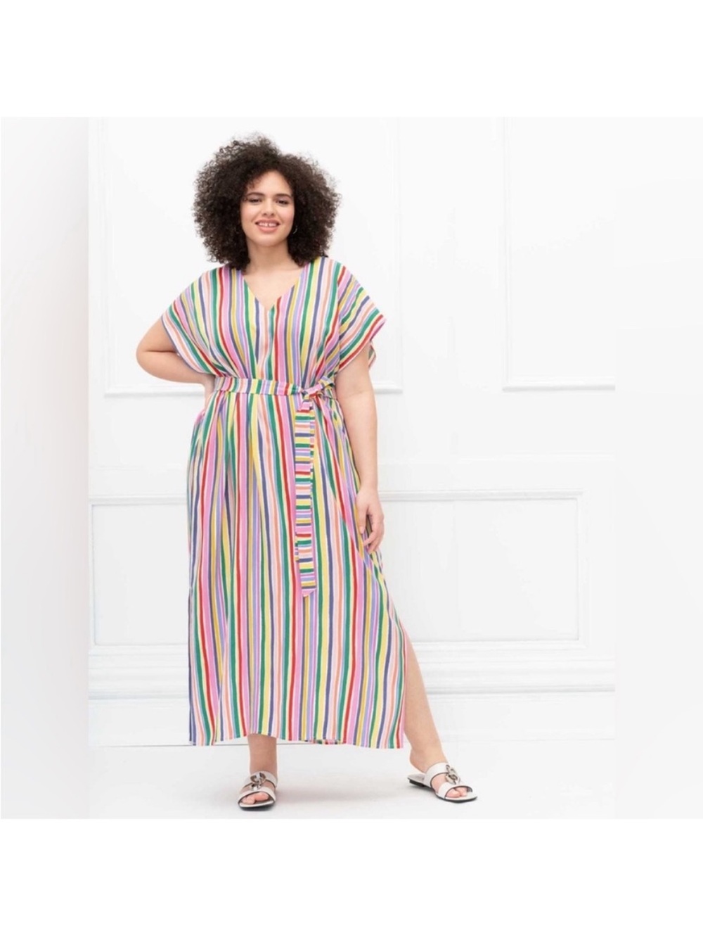 ELOQUII Elements Multicolor Striped Belted Maxi Dress Kimono Sleeves. 22/24. NWT